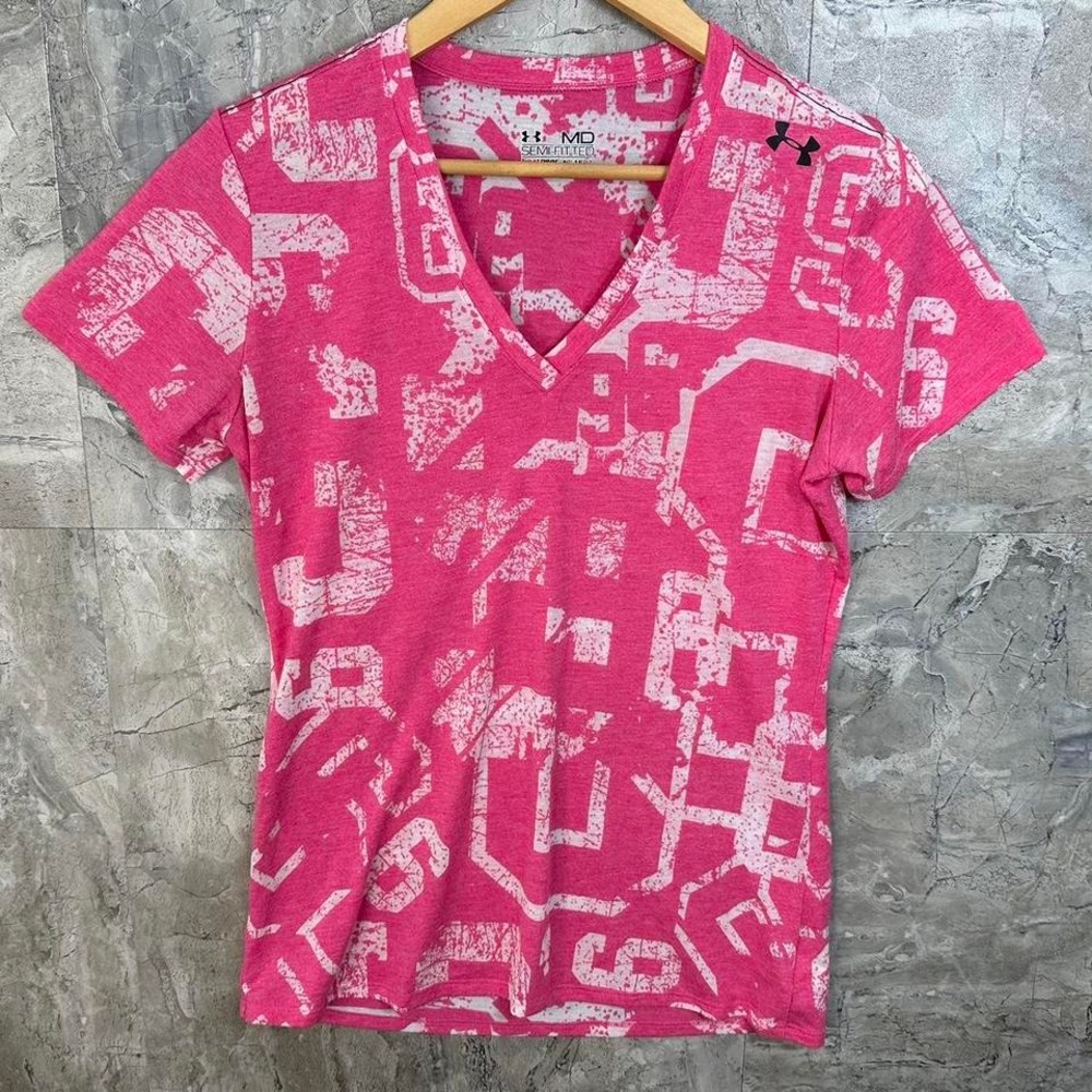 Under Armour pink and white V-neck shirt Woman's Size Medium‎